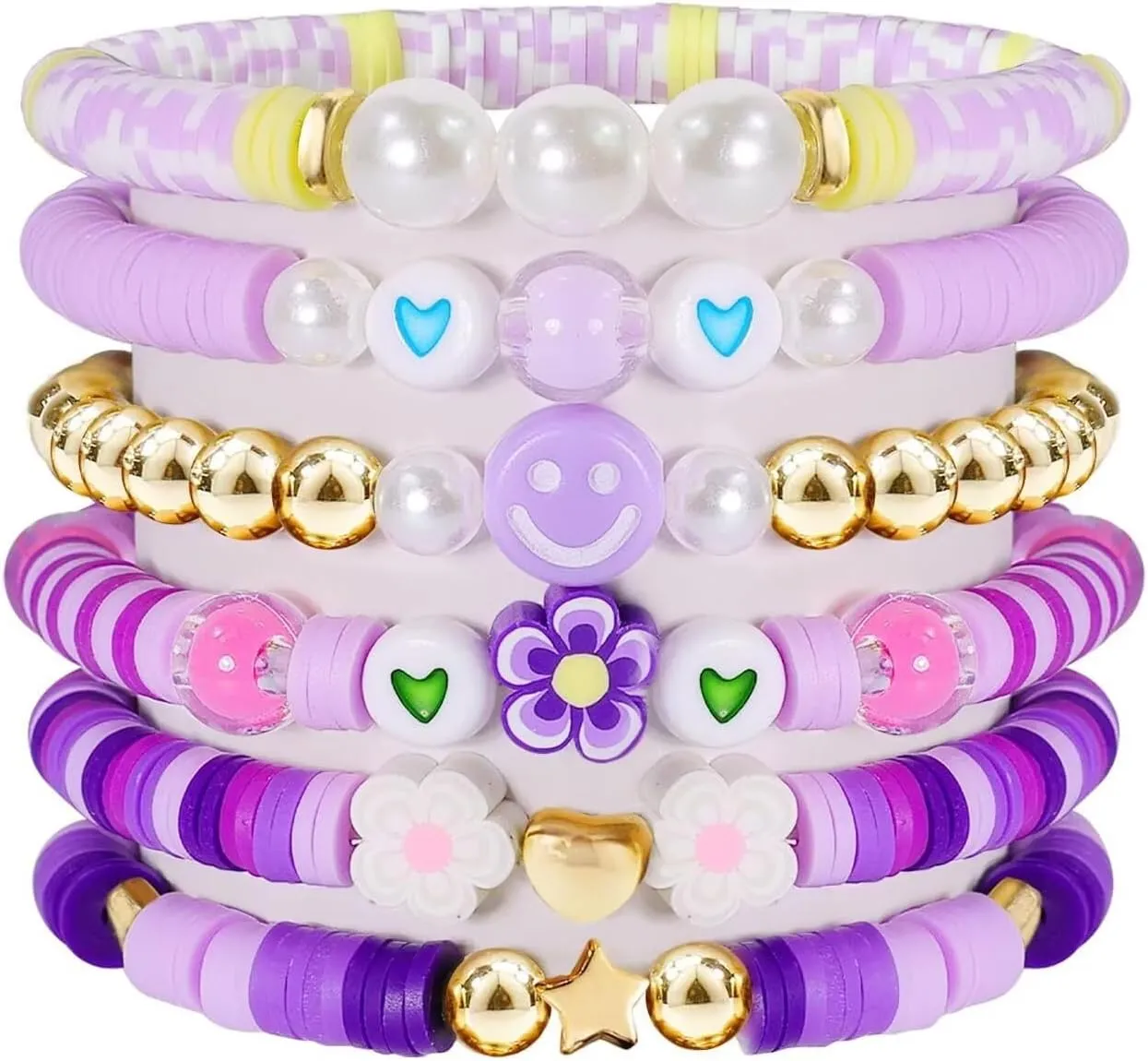 Surfer Heishi Stackable Bracelets Colorful Preppy Stretch Friendship Bracelets Set Flower Evil Eye Heart Star Rainbow Polymer Clay Beaded For Women Summer Beach Jewelry