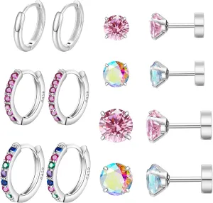 Surgical Stainless Steel Earrings for Sensitive Ears Flat Back Stud Earrings Hoop Earrings Set for Women Hypoallergenic Cubic Zirconia Earrings Tiny CZ Nap Studs for Cartilage