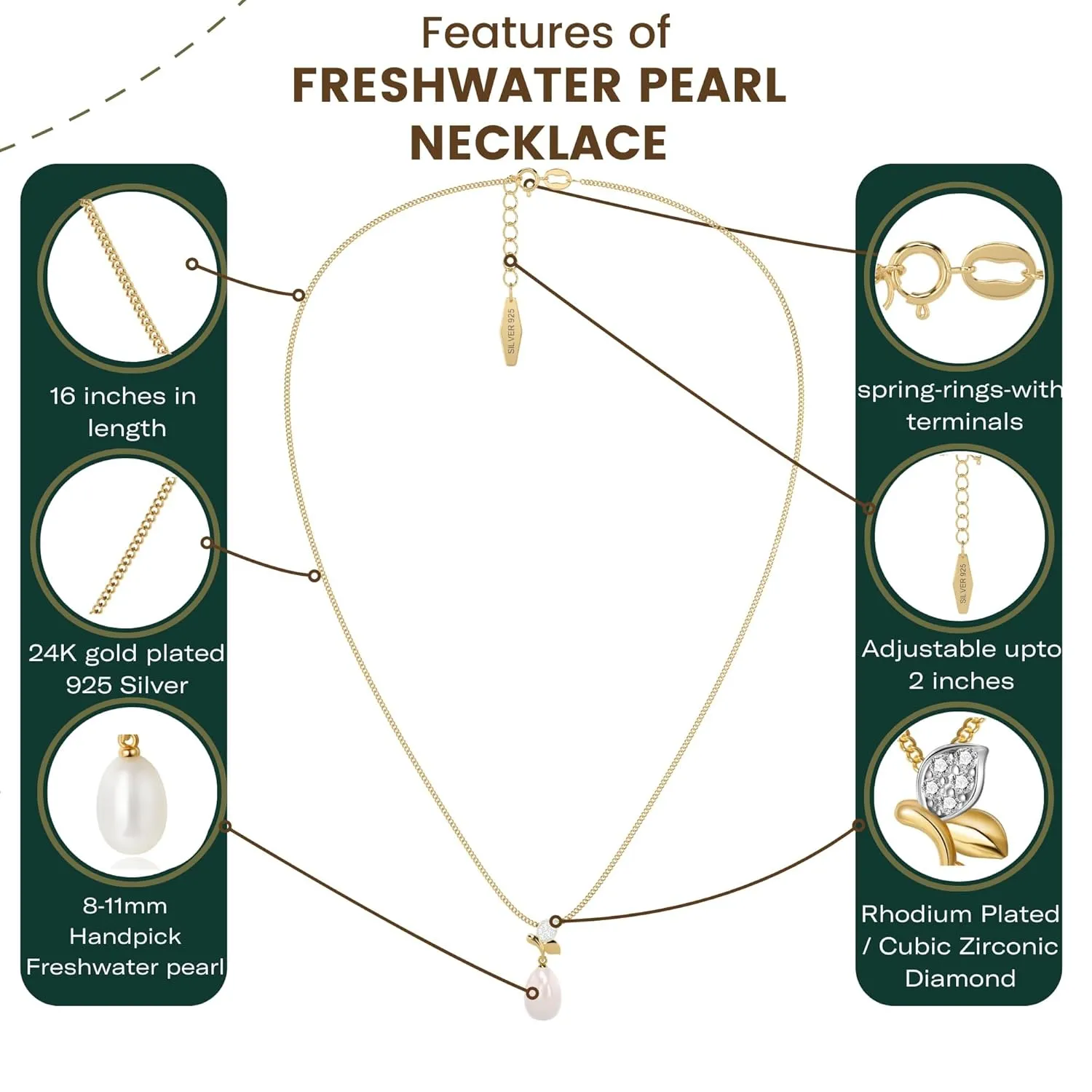Sustainable Handpick Freshwater Pearl Necklace By SAKAR | Adjustable 24k Gold plated 925 sterling silver Pearl Necklaces Women | Pendant Pearl Jewelry | White Pearls Necklace | Waterproof Necklace