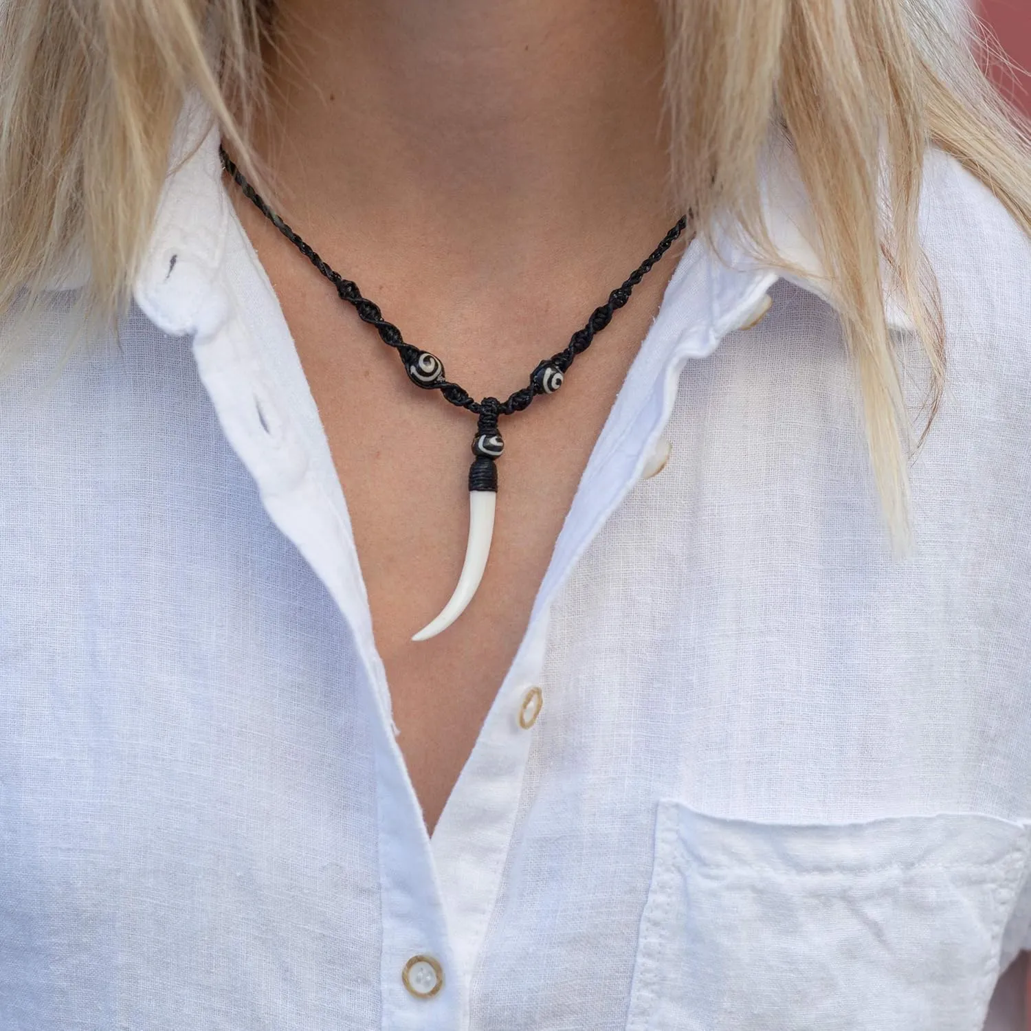 Sustainably Sourced Organic Bone Tooth Necklace - Tribal Necklace or Tribal Jewelry for Surfer, Boho, or Caveman Inspired Looks or Costumes