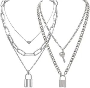 Tanyoyo Lock Key Pendant Necklace Statement Long Chain Punk Multilayer Choker Necklace for Women Men