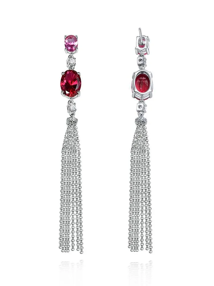 Tassel Fringe Lariat Necklace 925 Sterling Silver Oval Pink and Red Ruby Zircon Statement Luxury Necklace