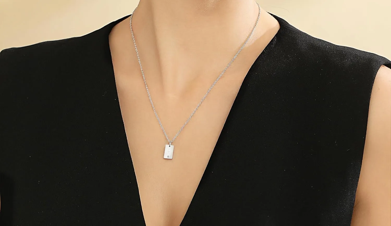 Tasunom Personalized Initial Tag Cubic Zirconia Pendant Necklace for Women 14K Gold Plated Stainless Steel