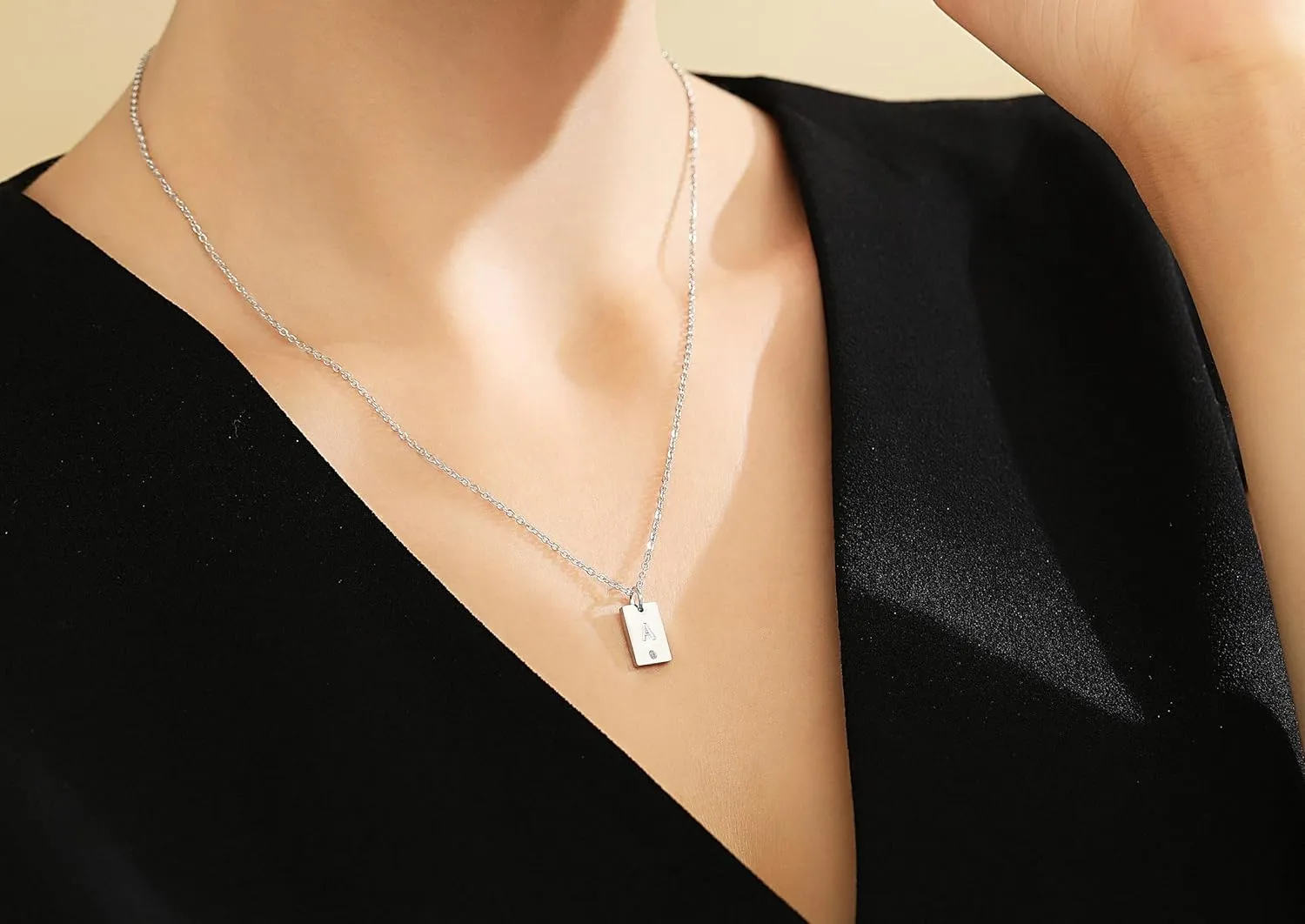 Tasunom Personalized Initial Tag Cubic Zirconia Pendant Necklace for Women 14K Gold Plated Stainless Steel