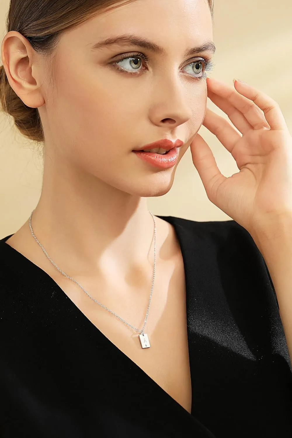 Tasunom Personalized Initial Tag Cubic Zirconia Pendant Necklace for Women 14K Gold Plated Stainless Steel