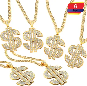 Tatuo 6 Piece Dollar Sign Necklaces Gold Plated Sign Necklace for Men, Hip Hop Dollar Chain