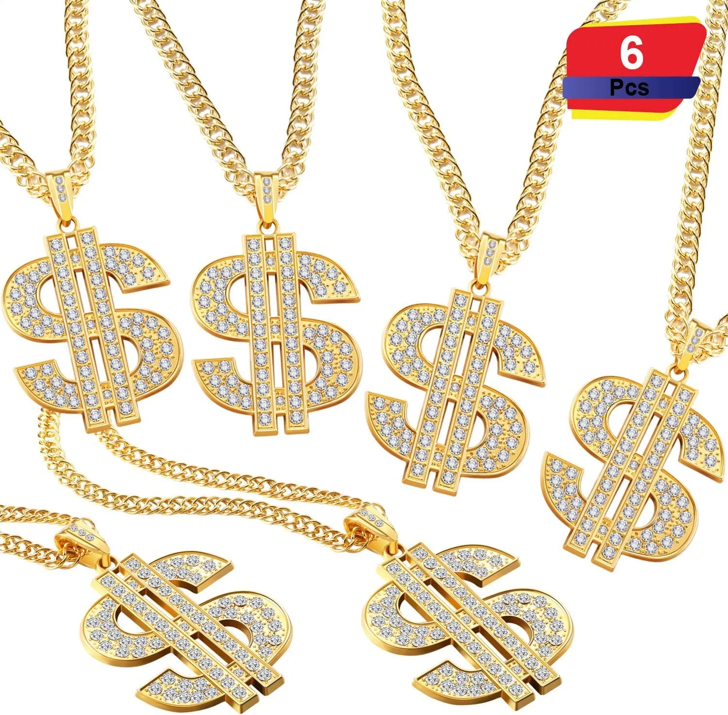 Tatuo 6 Piece Dollar Sign Necklaces Gold Plated Sign Necklace for Men, Hip Hop Dollar Chain