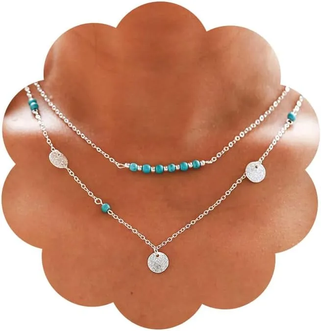 Tgirls Boho Turquoise Necklace Sequin Pendant Necklaces Layered Bead Necklace Chain Western Necklace Jewelry for Women