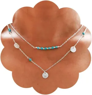 Tgirls Boho Turquoise Necklace Sequin Pendant Necklaces Layered Bead Necklace Chain Western Necklace Jewelry for Women