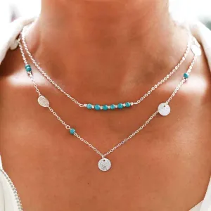 Tgirls Boho Turquoise Necklace Silver Sequin Pendant Necklace Layered Beaded Necklaces Chain Western Necklace Jewelry for Women