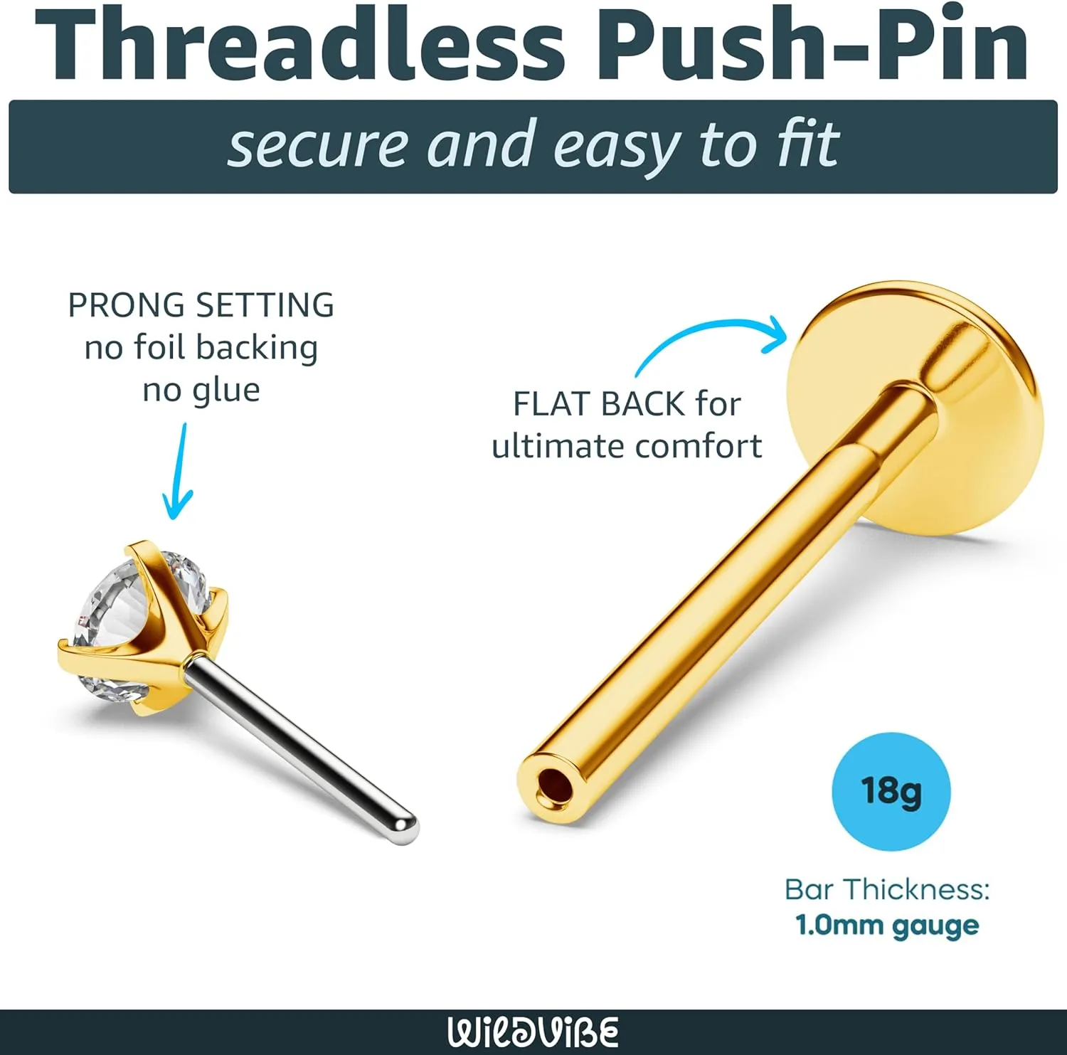Threadless Flat Back Nose Stud 18g 16g 20g - Real G23 Titanium Flatback Stud Earrings - Tragus, Helix, Conch Push Pin Earring Studs - Secure & Easy Fit Threadless Nose Stud - 6mm 8mm Flat Back Nose Ring