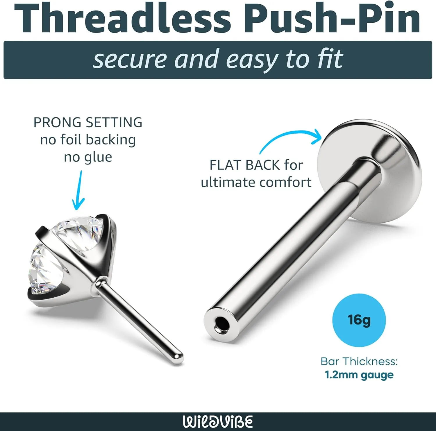 Threadless Flat Back Nose Stud 18g 16g 20g - Real G23 Titanium Flatback Stud Earrings - Tragus, Helix, Conch Push Pin Earring Studs - Secure & Easy Fit Threadless Nose Stud - 6mm 8mm Flat Back Nose Ring