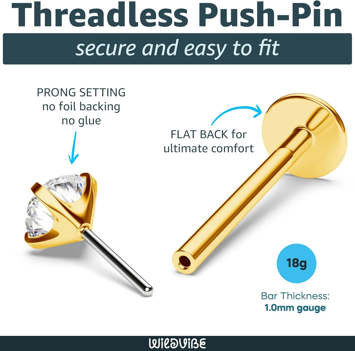 Threadless Flat Back Nose Stud 18g 16g 20g - Real G23 Titanium Flatback Stud Earrings - Tragus, Helix, Conch Push Pin Earring Studs - Secure & Easy Fit Threadless Nose Stud - 6mm 8mm Flat Back Nose Ring