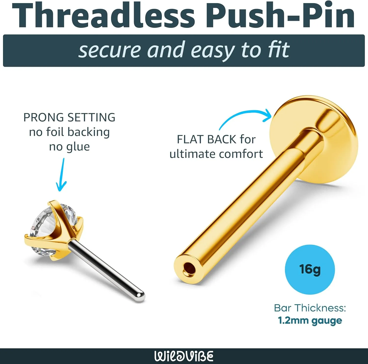 Threadless Flat Back Nose Stud 18g 16g 20g - Real G23 Titanium Flatback Stud Earrings - Tragus, Helix, Conch Push Pin Earring Studs - Secure & Easy Fit Threadless Nose Stud - 6mm 8mm Flat Back Nose Ring