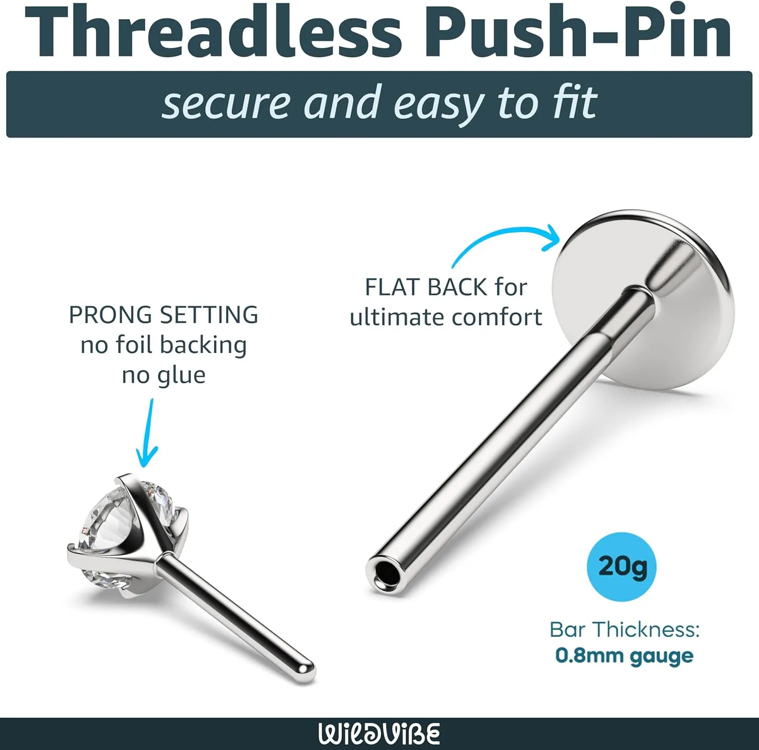 Threadless Flat Back Nose Stud 18g 16g 20g - Real G23 Titanium Flatback Stud Earrings - Tragus, Helix, Conch Push Pin Earring Studs - Secure & Easy Fit Threadless Nose Stud - 6mm 8mm Flat Back Nose Ring