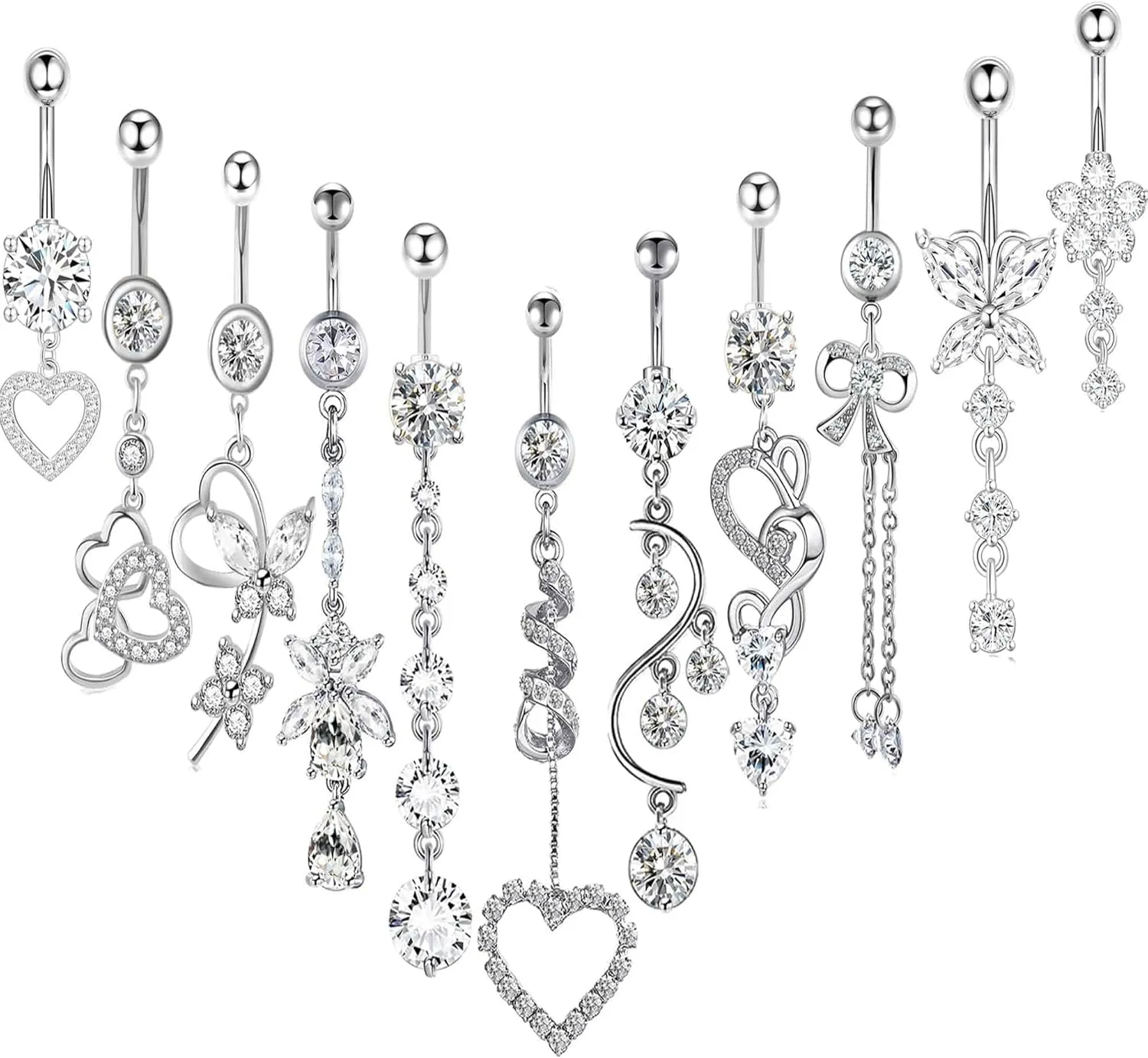 TIANCI FBYJS 14G Women Belly Button Rings Surgical Stainless Steel Belly Rings For Gril 10mm Belly Bar Body Piercing Navel Jewelry 11pcs