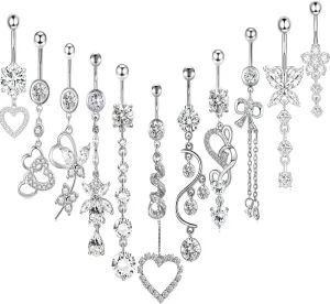TIANCI FBYJS 14G Women Belly Button Rings Surgical Stainless Steel Belly Rings For Gril 10mm Belly Bar Body Piercing Navel Jewelry 11pcs
