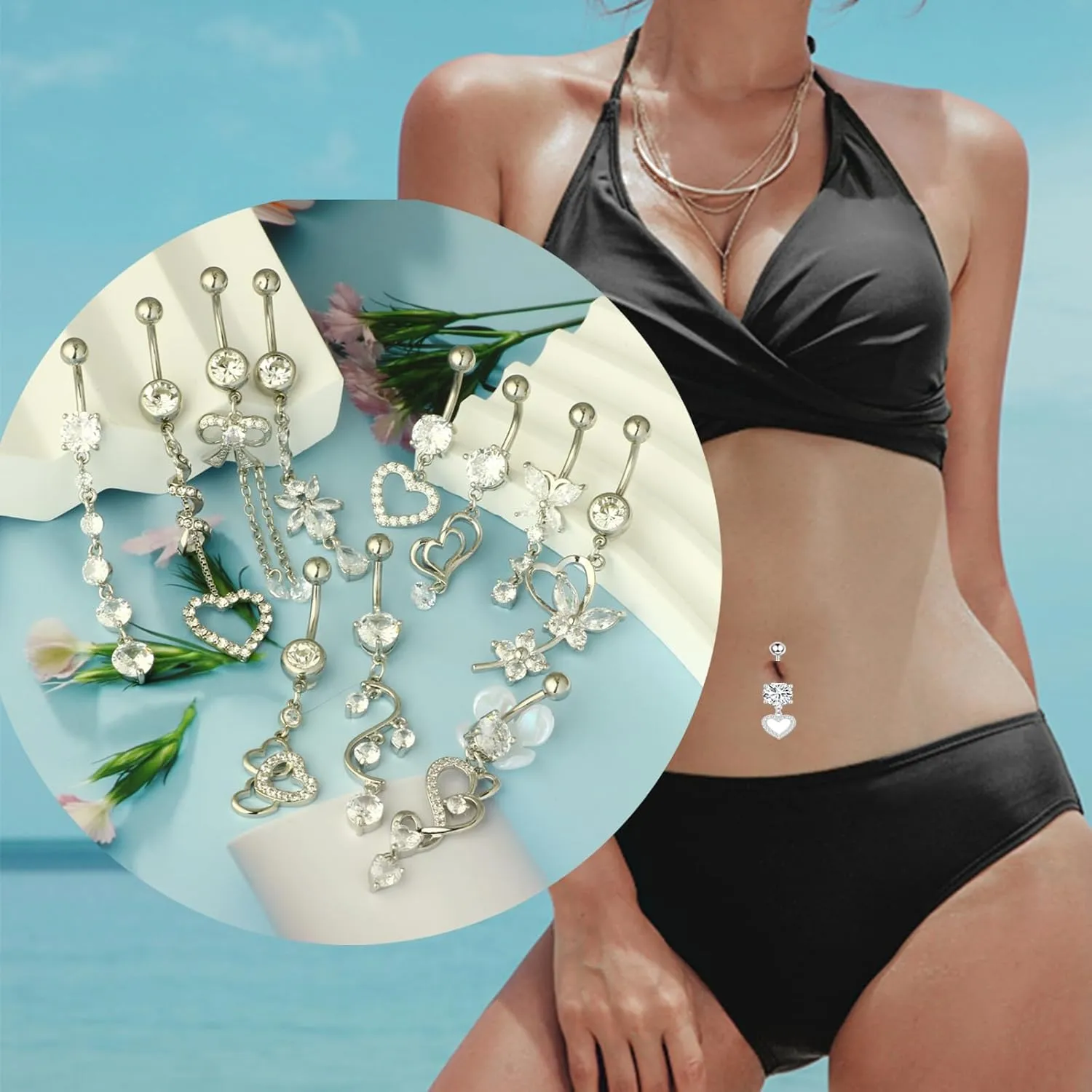 TIANCI FBYJS 14G Women Belly Button Rings Surgical Stainless Steel Belly Rings For Gril 10mm Belly Bar Body Piercing Navel Jewelry 11pcs