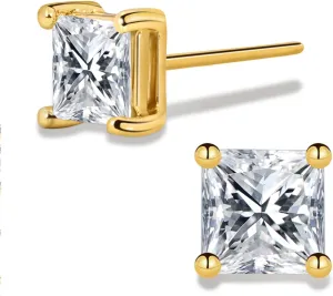 Tiny 14K Gold Plated Princess Cut Cubic Zirconia Stud Earrings for Women - 5MM Square Dazzling Jewelry - Trendy Hypoallergenic Elegance for Every Occasion