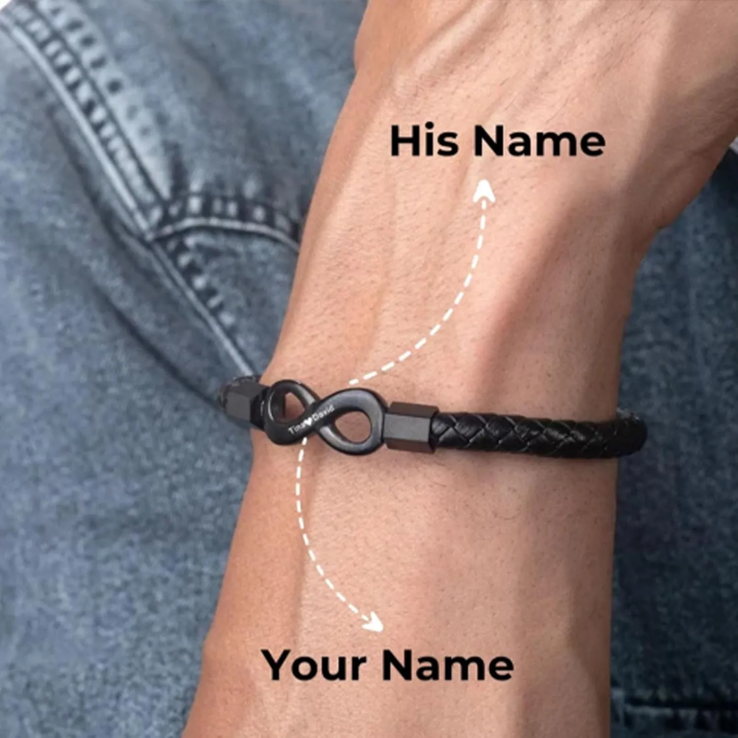To My Man,Personalized Dual Name Infinity Leather Bracelet,Personalized Custom Name Stainless Steel Bracelet Valentine Birthday Christmas Gifts for Him