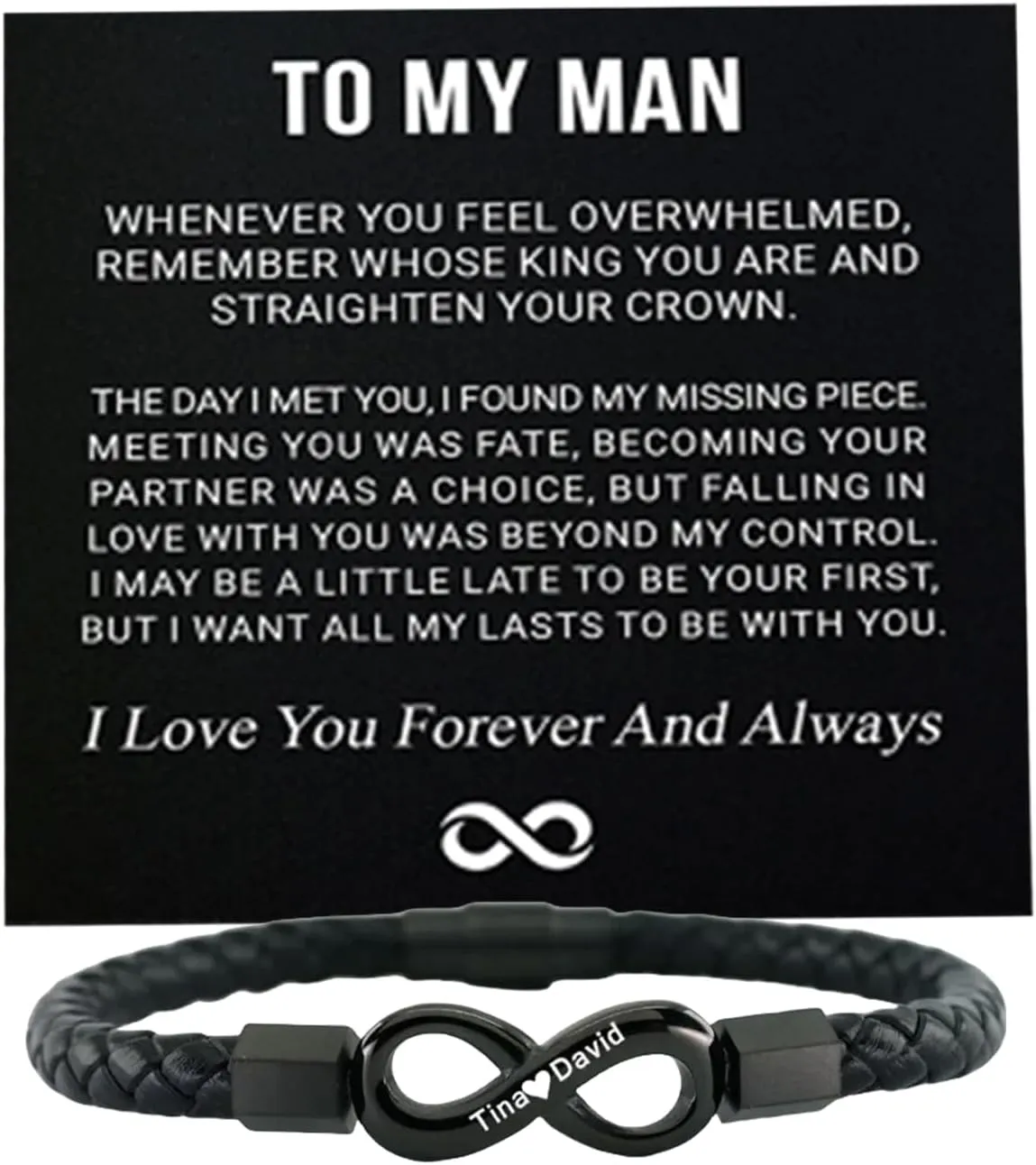 To My Man,Personalized Dual Name Infinity Leather Bracelet,Personalized Custom Name Stainless Steel Bracelet Valentine Birthday Christmas Gifts for Him