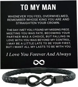 To My Man,Personalized Dual Name Infinity Leather Bracelet,Personalized Custom Name Stainless Steel Bracelet Valentine Birthday Christmas Gifts for Him
