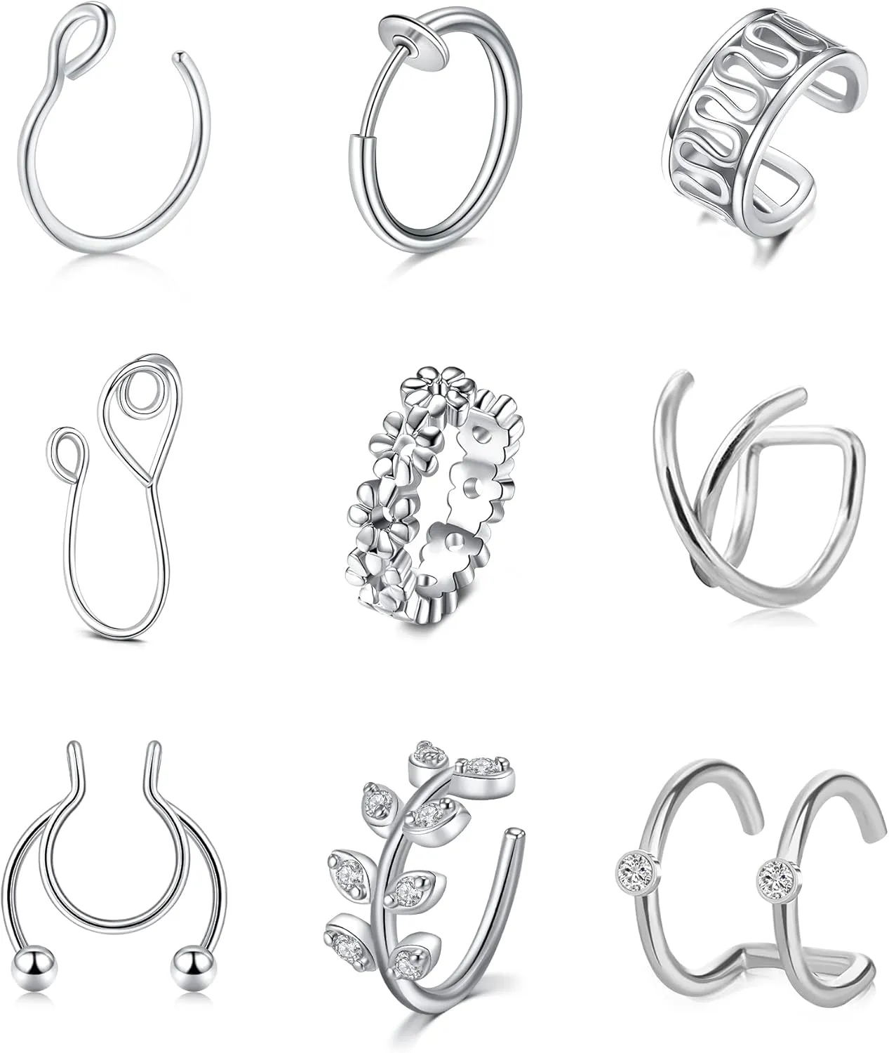 TOKRING Fake Nose Ring, Septum Studs, Nose Cuffs, Clip On Lip, Ear Hoop Non-Pierced Jewelry for Women & Men