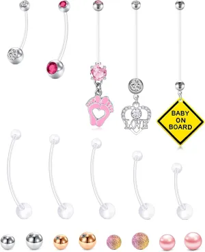 TOKRING Pregnancy Belly Button Rings Plastic Maternity Long Belly Button Rings Bar for Healing Clear Flexible Belly Piercing Retainer with Different Balls for Replacement 18mm 25mm 32mm 35mm 38mm