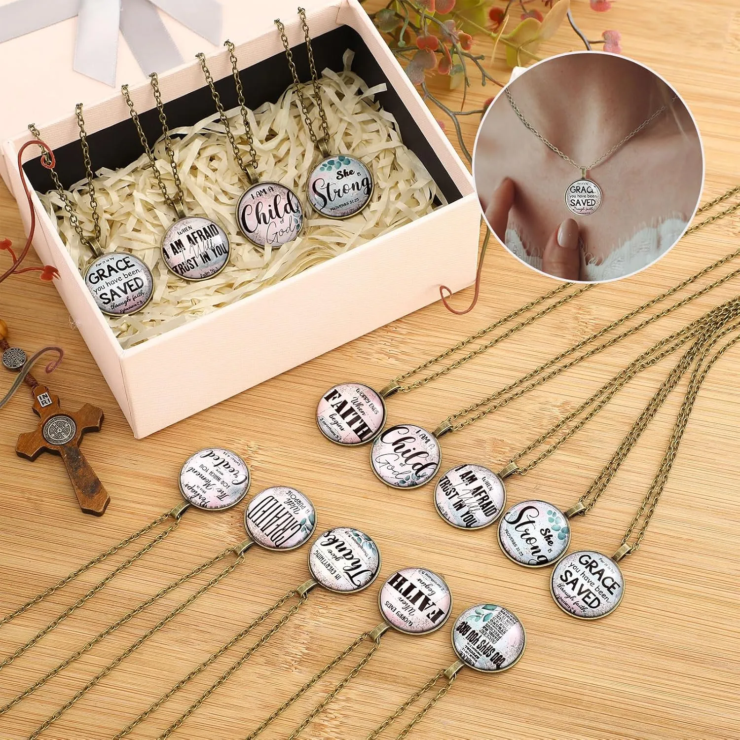 Tondiamo 18 Pcs Bible Verse Christian Necklace Bulk, Fathers Day Gifts Religious Prayer Inspirational Jewelry Pendant for Christian Men Father Dad