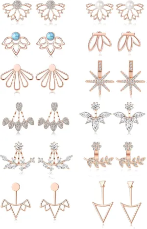 Tornito 6-12 Pairs Lotus Flower Earring Studs Chic CZ Earrings Jackets For Women Silver Rose Gold Tone