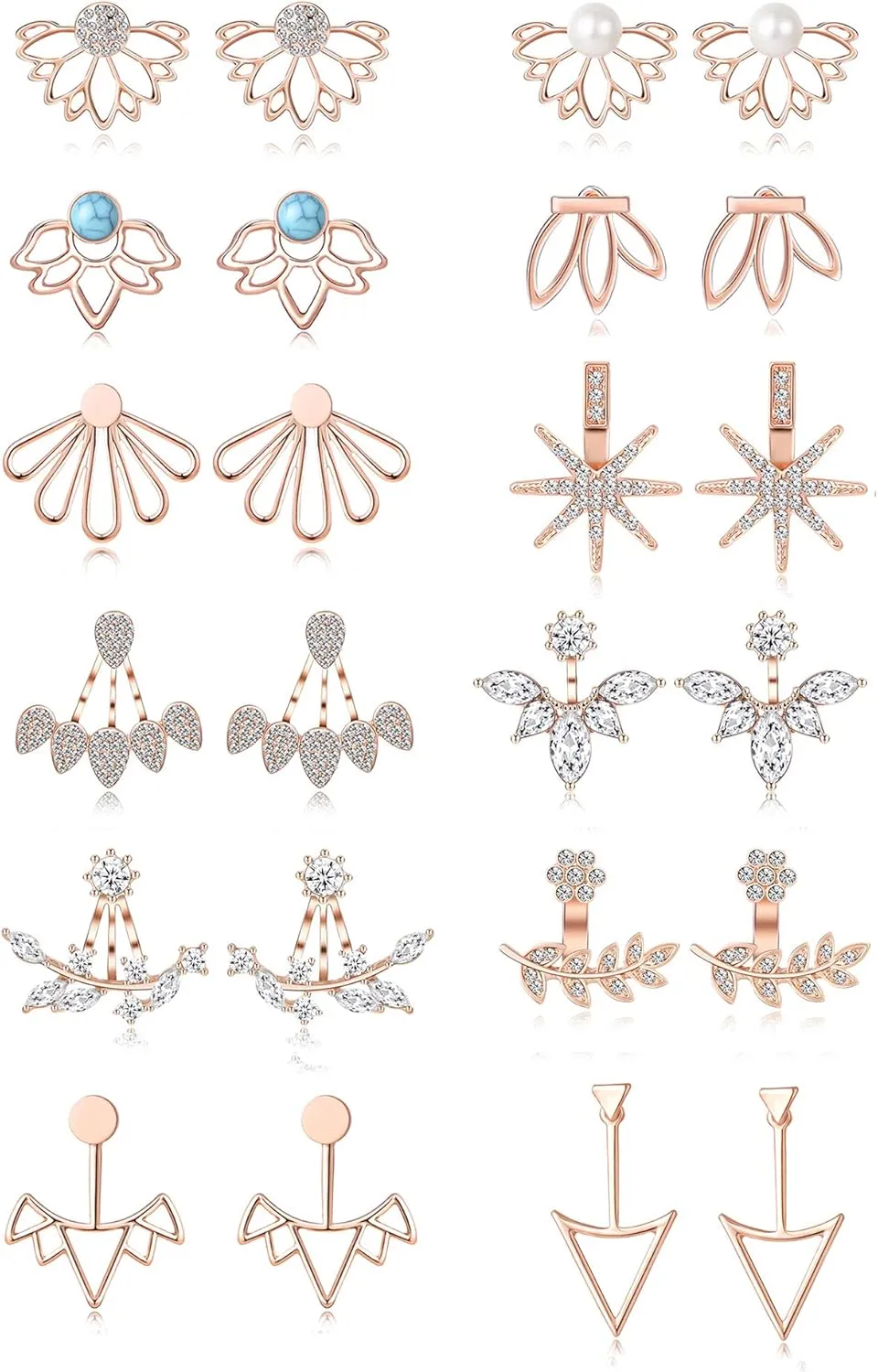 Tornito 6-12 Pairs Lotus Flower Earring Studs Chic CZ Earrings Jackets For Women Silver Rose Gold Tone