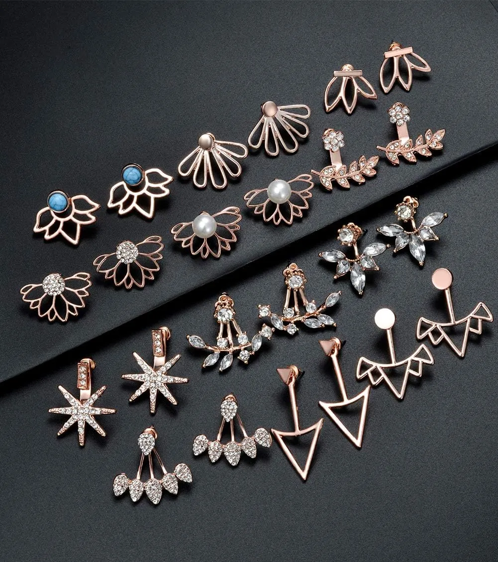 Tornito 6-12 Pairs Lotus Flower Earring Studs Chic CZ Earrings Jackets For Women Silver Rose Gold Tone