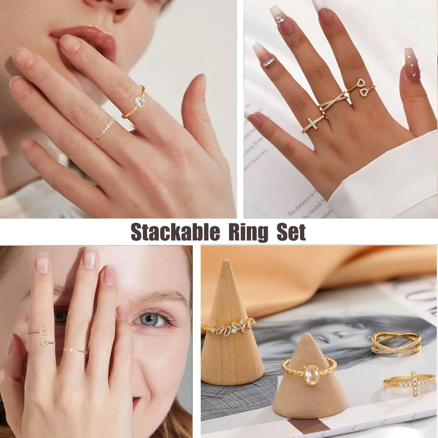 TOSMGY Gold Silver Rings For Women Non Tarnish Gold Plated Stackable Rings Wedding Engagement Bands Dainty 14K Gold Ring Simple Trendy Cubic Zirconia Thumb Stacking Ring Pack Size 4-11