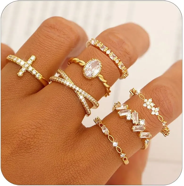 TOSMGY Gold Silver Rings For Women Non Tarnish Gold Plated Stackable Rings Wedding Engagement Bands Dainty 14K Gold Ring Simple Trendy Cubic Zirconia Thumb Stacking Ring Pack Size 4-11