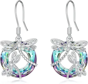 TOUPOP Dragonfly Gifts for Women Sterling Silver Dragonfly Earrings with Circle Crystal Dragonfly Dangle Drop Earrings Jewelry Gifts for Women Mom Birthday Christmas