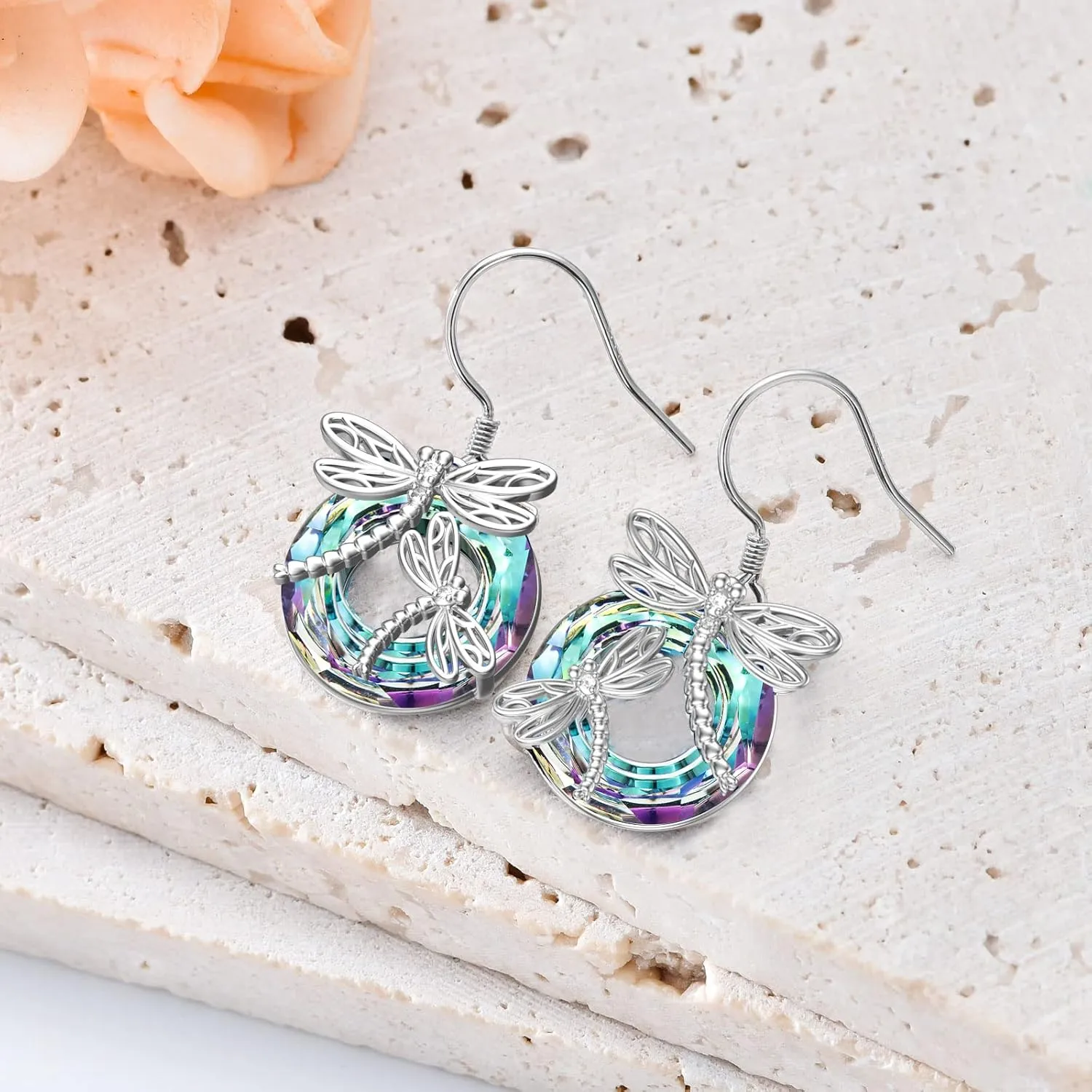 TOUPOP Dragonfly Gifts for Women Sterling Silver Dragonfly Earrings with Circle Crystal Dragonfly Dangle Drop Earrings Jewelry Gifts for Women Mom Birthday Christmas