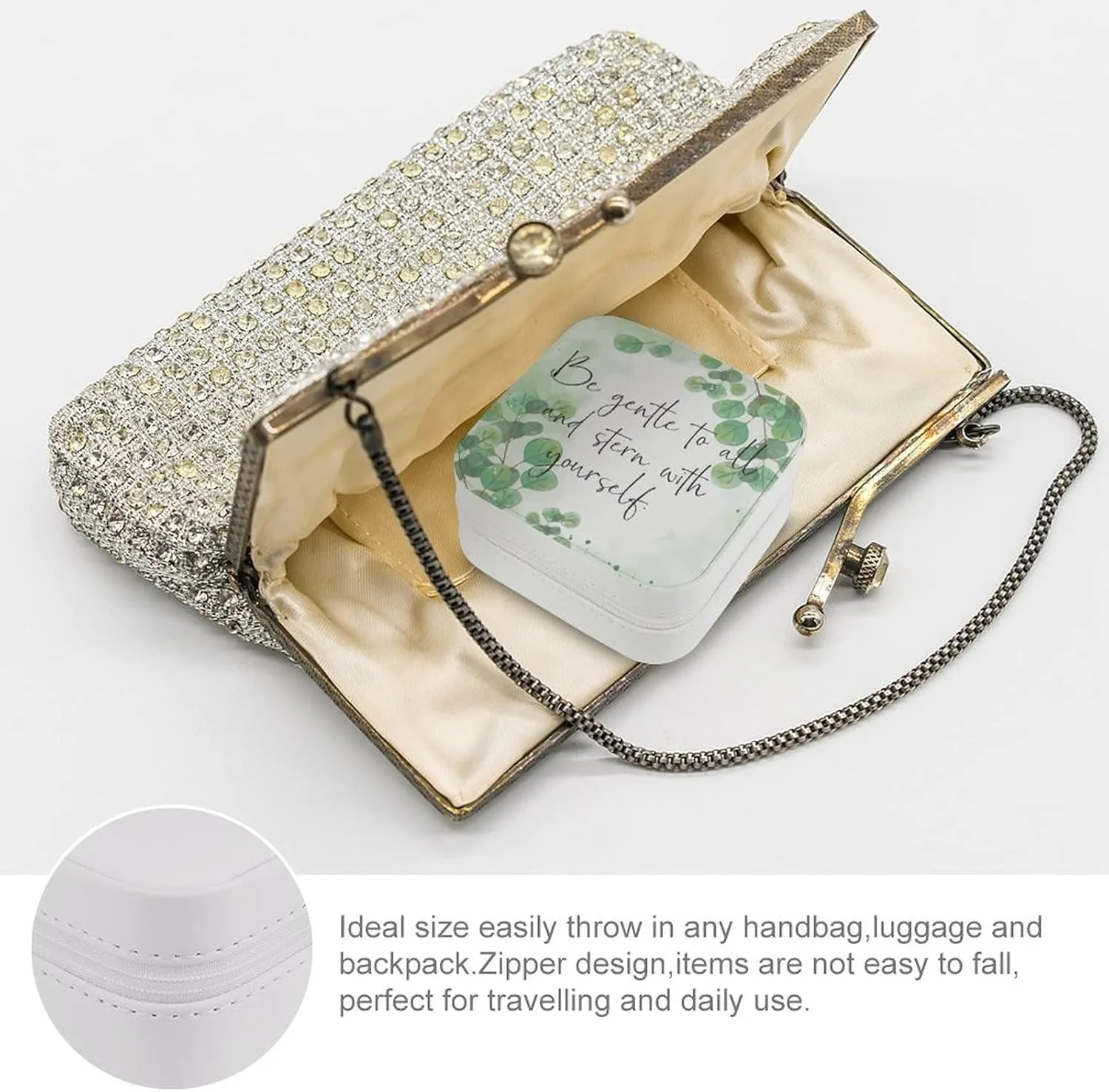 Travel Jewelry Box, Women Leather Small Jewelry Organizer Portable Jewelry Case for Necklace Earrings Rings, Be Gentle to All And Stern with Yourself