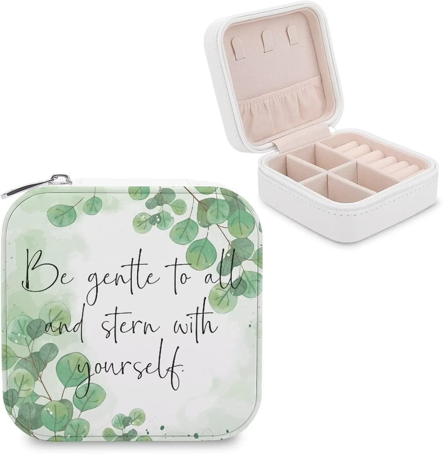 Travel Jewelry Box, Women Leather Small Jewelry Organizer Portable Jewelry Case for Necklace Earrings Rings, Be Gentle to All And Stern with Yourself