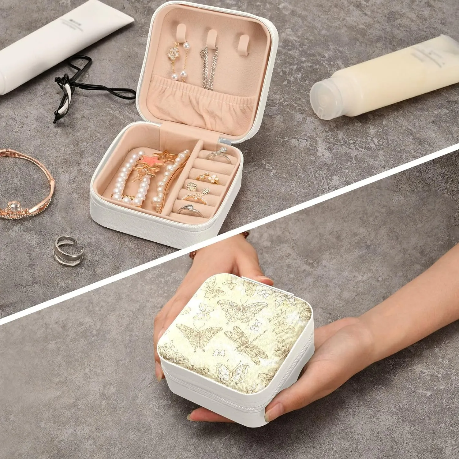 Travel Jewelry Case Box Organizer for Women Girls Man - Small Mini Portable Storage for Earring Ring Necklace - Butterfly White