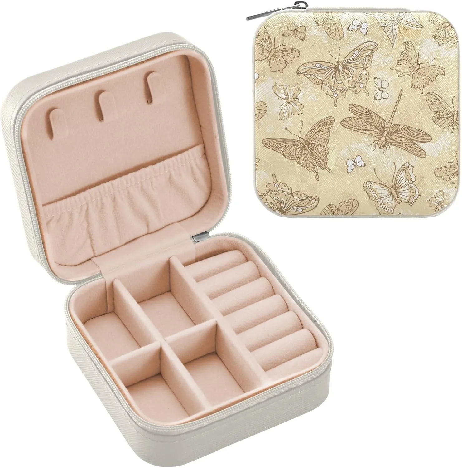 Travel Jewelry Case Box Organizer for Women Girls Man - Small Mini Portable Storage for Earring Ring Necklace - Butterfly White