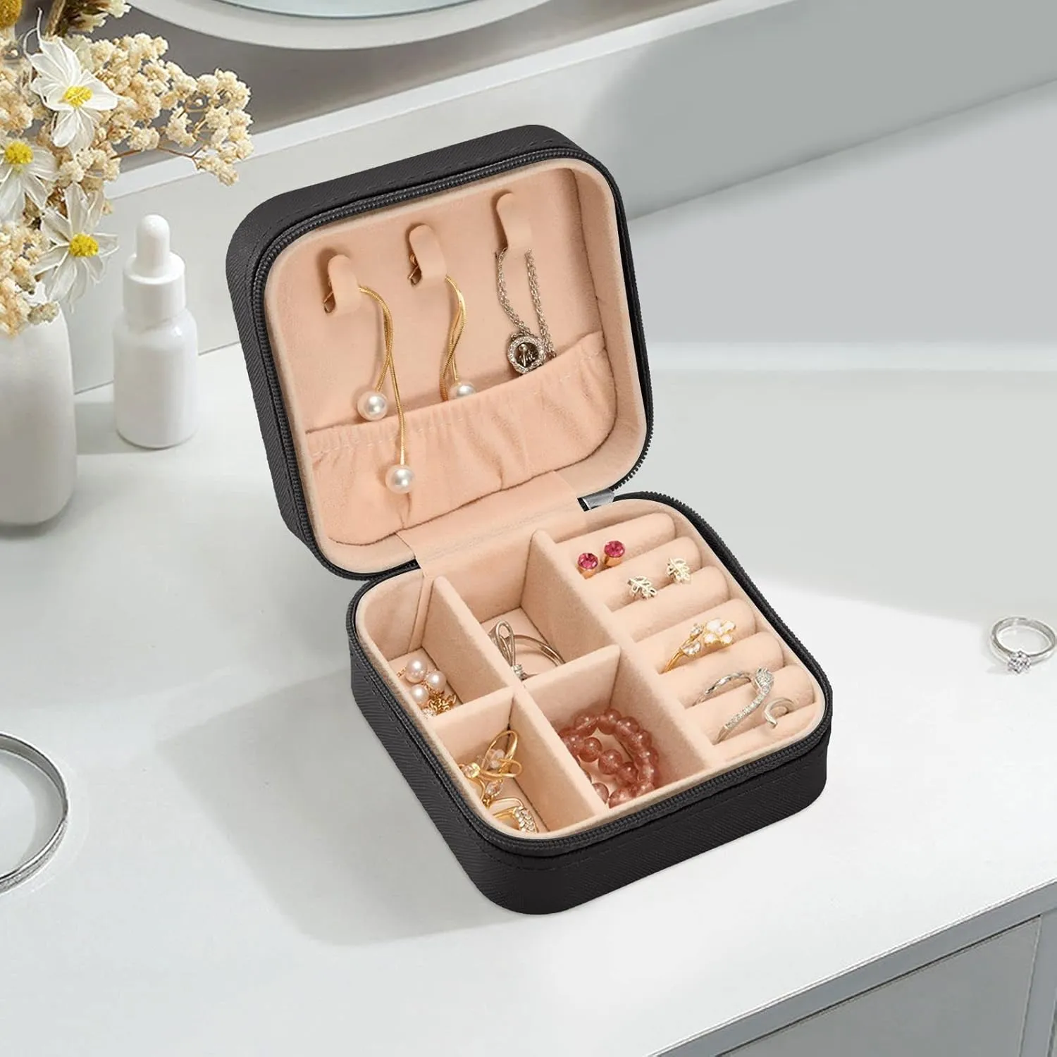Travel Jewelry Case Jewelry Box Organizer for Women Girls Man Small Mini Portable Jewelry Storage Box for Earring Ring Necklace Boho Black