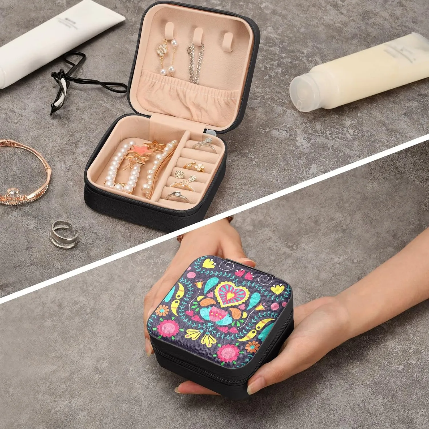 Travel Jewelry Case Jewelry Box Organizer for Women Girls Man Small Mini Portable Jewelry Storage Box for Earring Ring Necklace Boho Black
