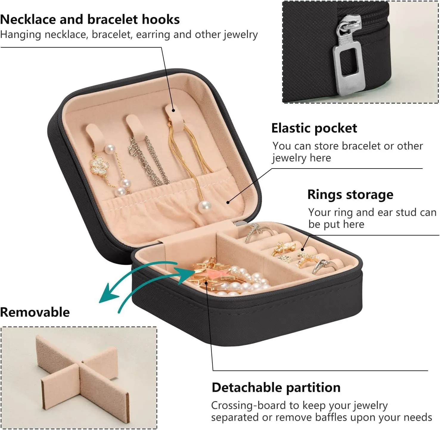 Travel Jewelry Case Jewelry Box Organizer for Women Girls Man Small Mini Portable Jewelry Storage Box for Earring Ring Necklace Boho Black
