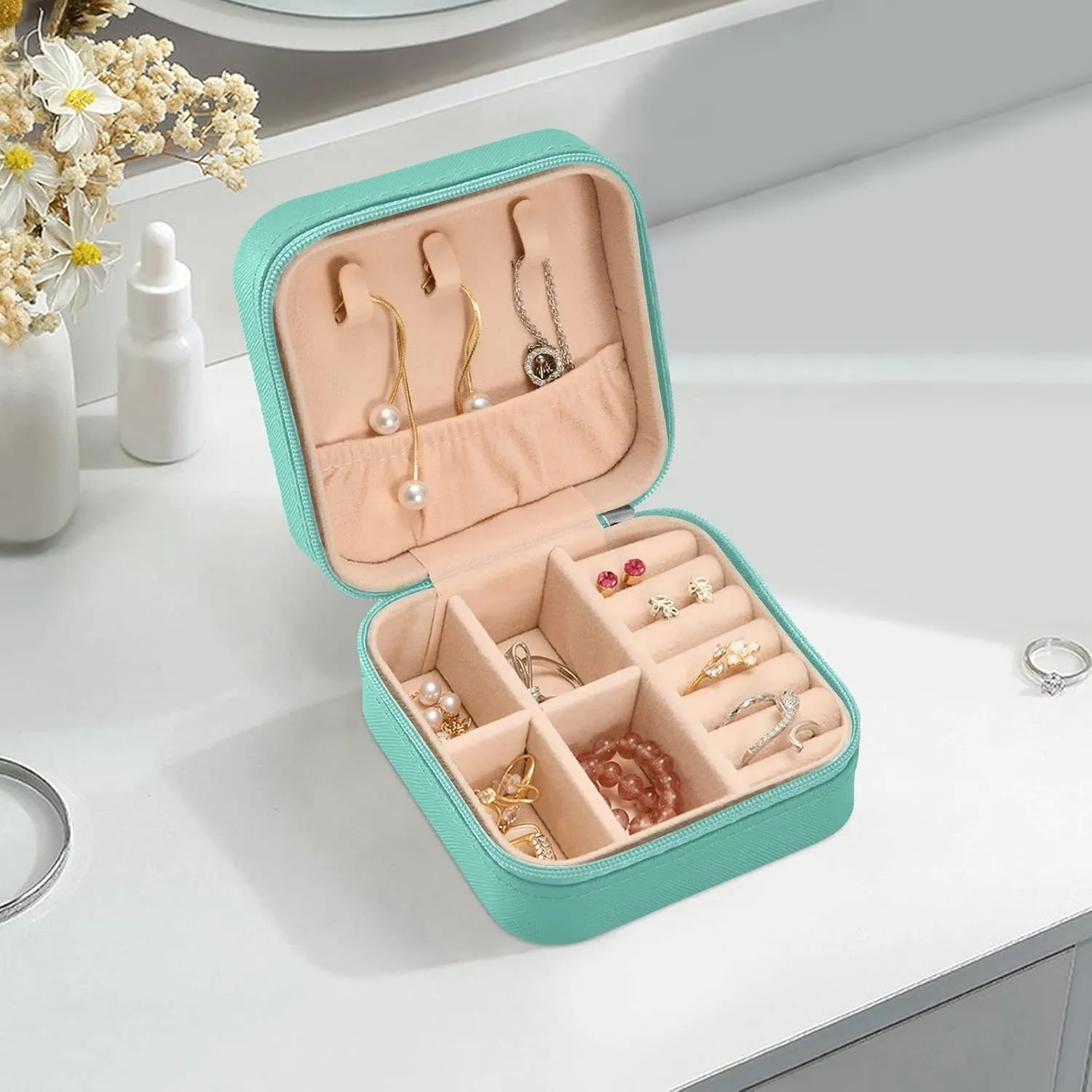 Travel Jewelry Case Jewelry Box Organizer for Women Girls Man Small Mini Portable Jewelry Storage Box for Earring Ring Necklace Mandala Green