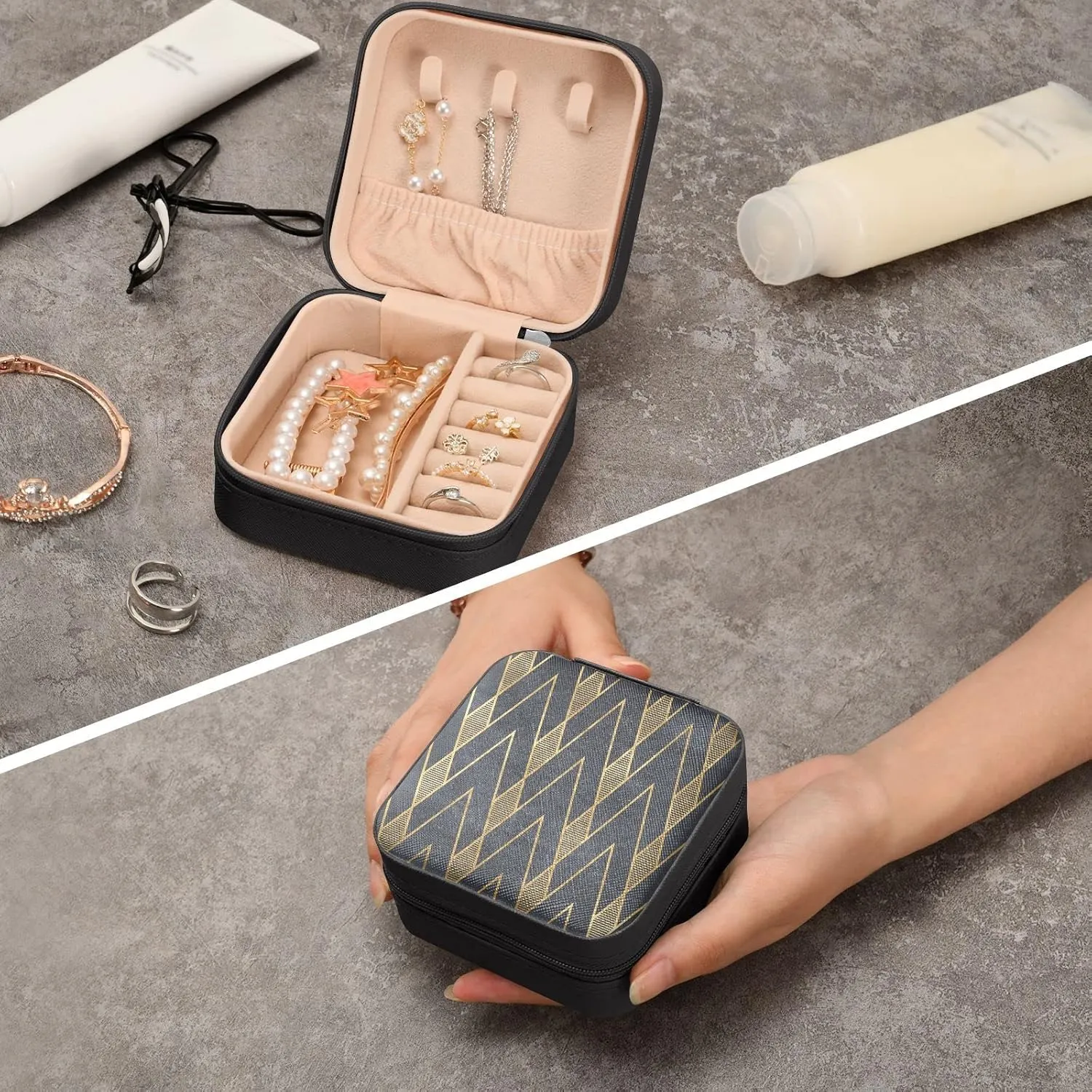 Travel Jewelry Case Jewelry Box Organizer for Women Girls Man Small Mini Portable Jewelry Storage Box for Earring Ring Necklace Simple Pattern Gold Black