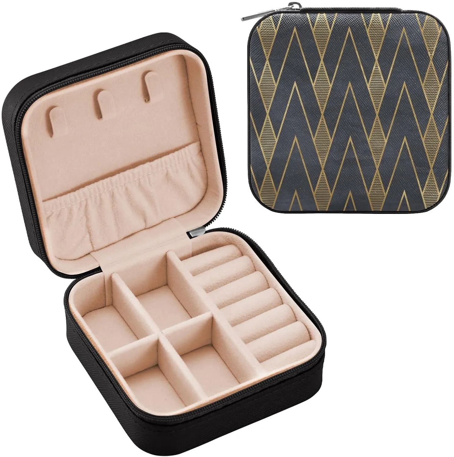 Travel Jewelry Case Jewelry Box Organizer for Women Girls Man Small Mini Portable Jewelry Storage Box for Earring Ring Necklace Simple Pattern Gold Black