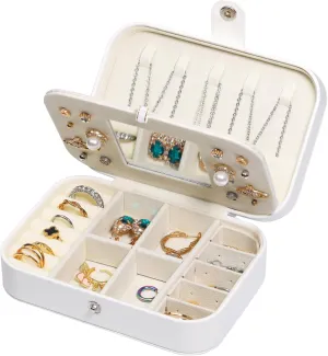 Travel Jewelry Case with Mirror, PU Leather Small Jewelry Organizer for Women Girls, Portable Mini Box, 2 Layer Storage Holder Boxes for Rings, Necklaces, Stud Earrings,Bracelets(White)