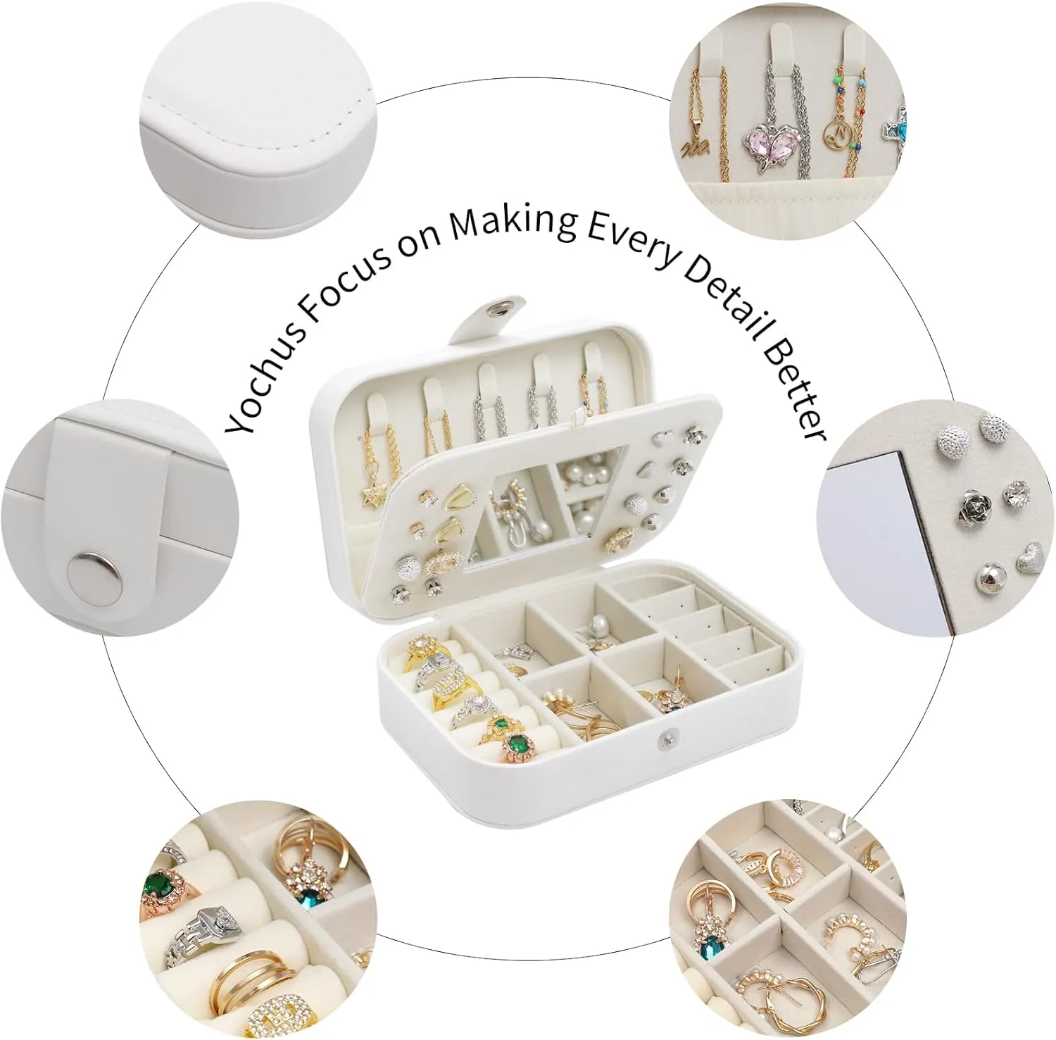 Travel Jewelry Case with Mirror, PU Leather Small Jewelry Organizer for Women Girls, Portable Mini Box, 2 Layer Storage Holder Boxes for Rings, Necklaces, Stud Earrings,Bracelets(White)