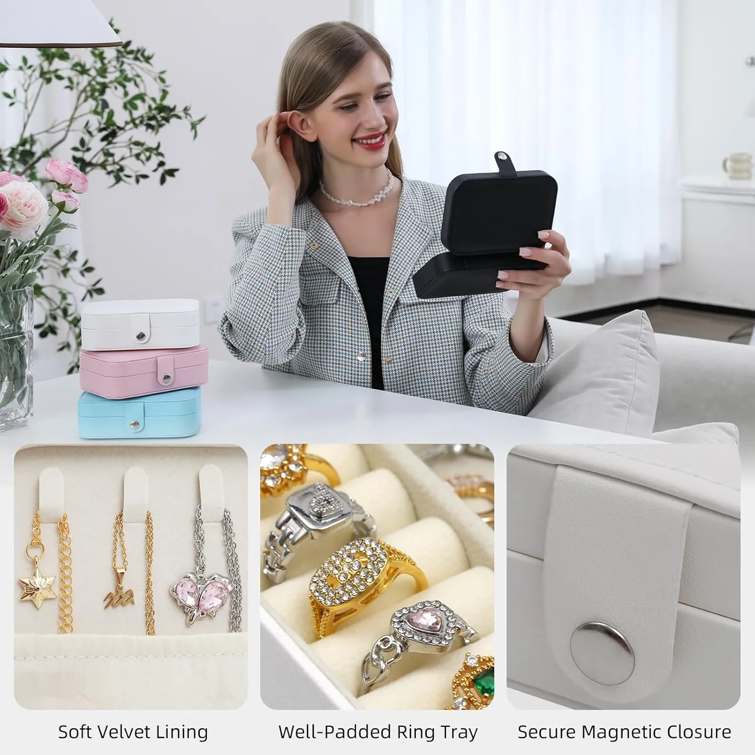 Travel Jewelry Case with Mirror, PU Leather Small Jewelry Organizer for Women Girls, Portable Mini Box, 2 Layer Storage Holder Boxes for Rings, Necklaces, Stud Earrings,Bracelets(White)