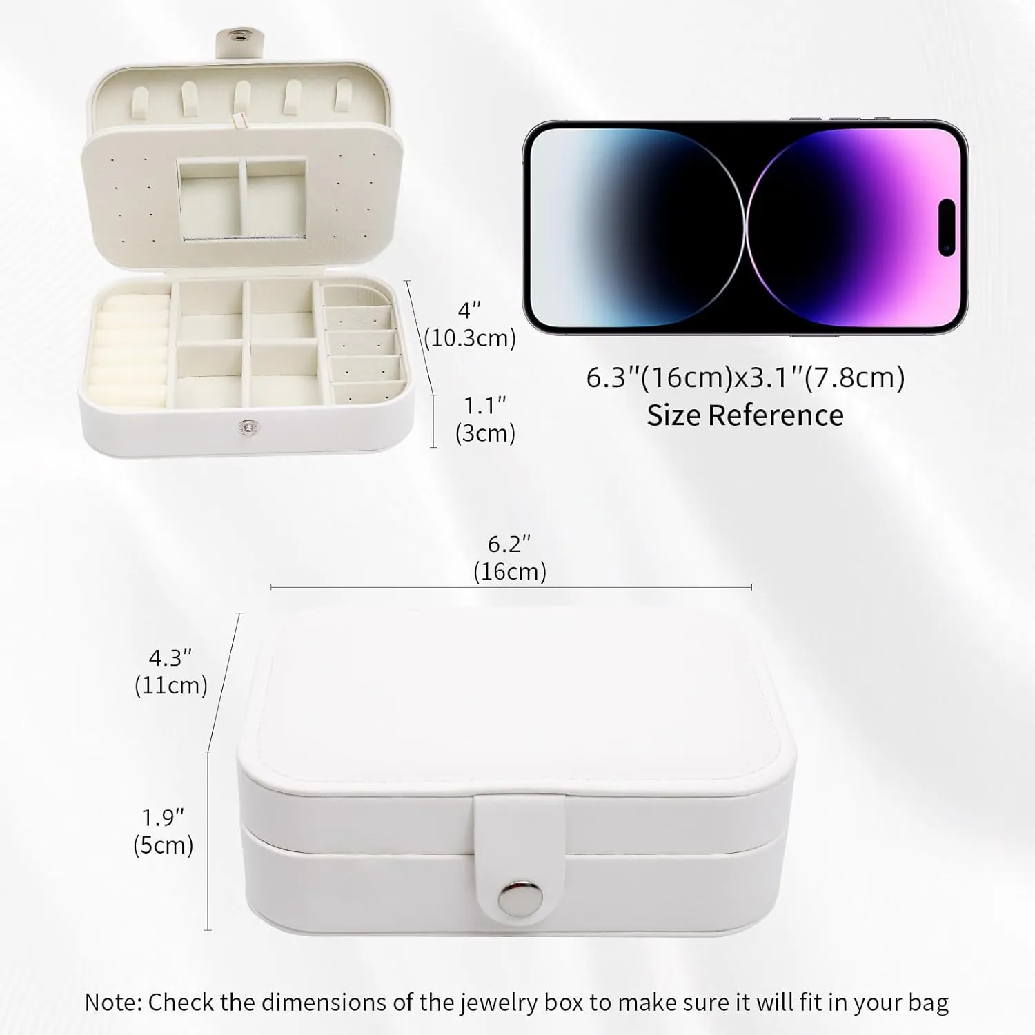 Travel Jewelry Case with Mirror, PU Leather Small Jewelry Organizer for Women Girls, Portable Mini Box, 2 Layer Storage Holder Boxes for Rings, Necklaces, Stud Earrings,Bracelets(White)